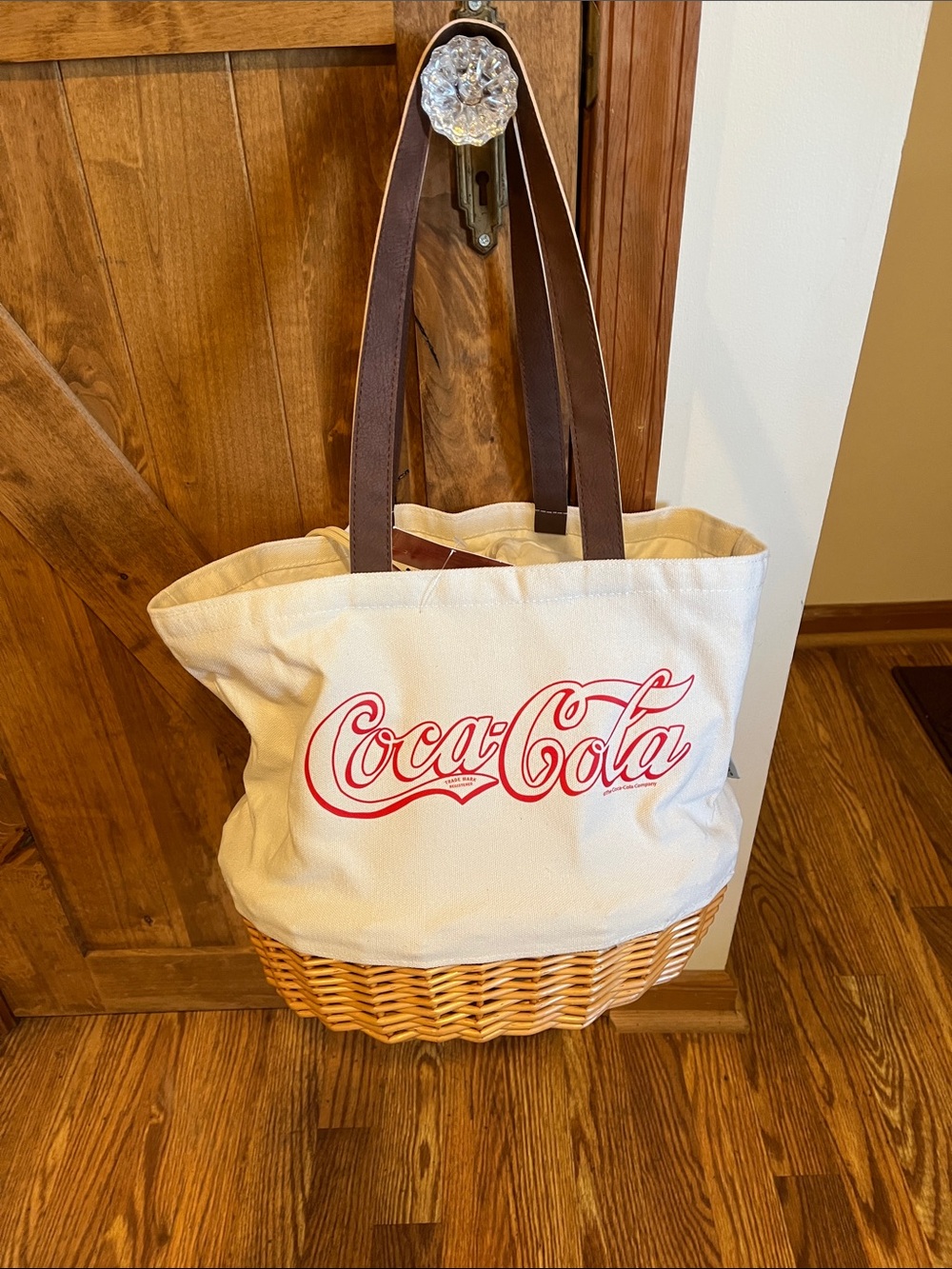 Coca Cola Cream Canvas Tote with Red Logo and Brown Straps/ basket